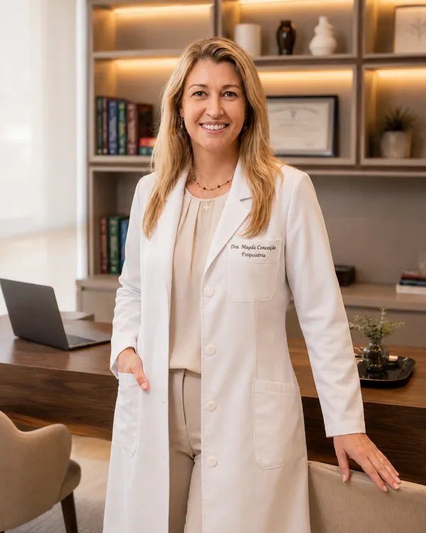 Retrato profissional da Dra. Magda Conceição no consultório em Botafogo